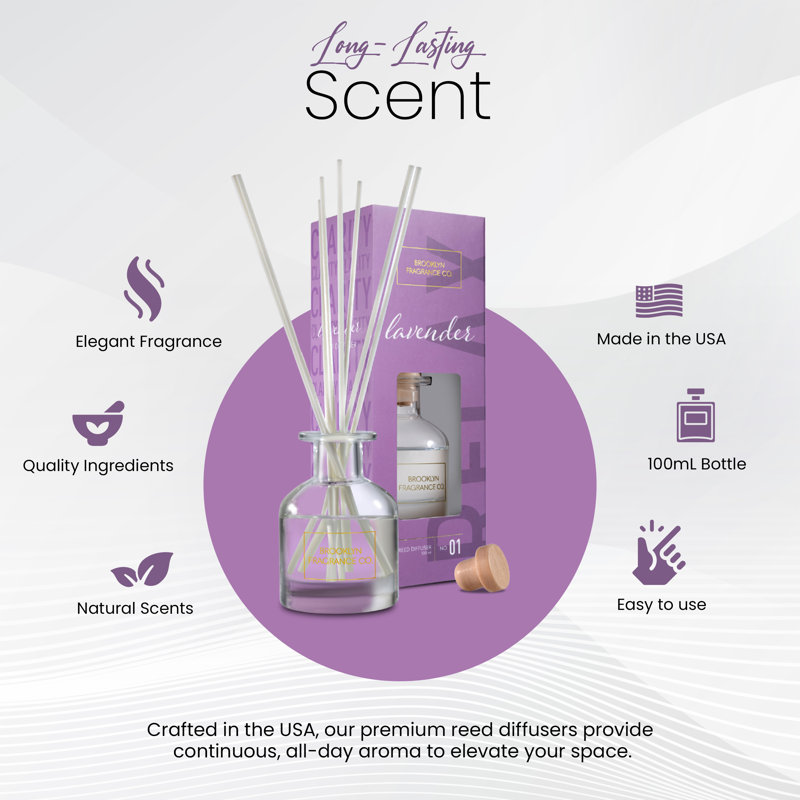 Brooklyn Fragrance Co. Aroma Reed Diffuser - Long Lasting Premium Fragrance - Air Freshener For Home Lavender Scents - Reed Diffuser For A Large Room - 100ml