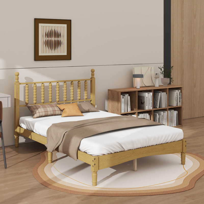 Lit plateforme avec tête de lit en forme de gourde, cadre de lit plateforme en bois rétro avec lattes de soutien, Lit double