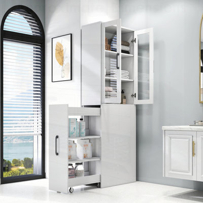 Display Cabinet with Pull-Out Shelves & Glass Doors for Kitchen & Living Room