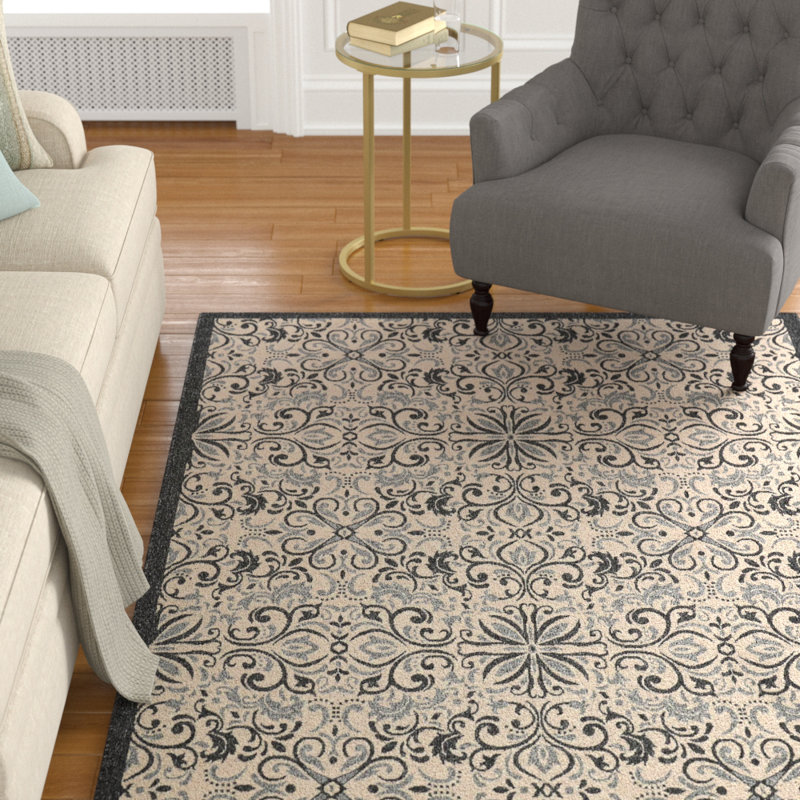 Tapis intérieur / extérieur floral Ashby ivoire / gris anthracite, Rectangle 9 pi 3 po x 12 pi 9 po