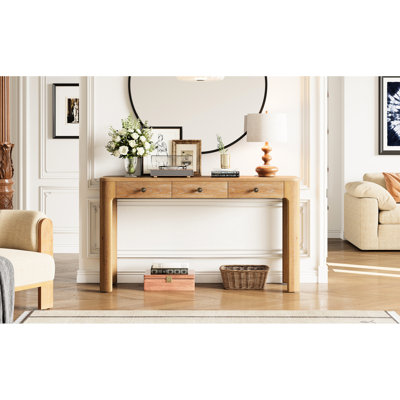 Console de style rétro avec coins incurvés, 3 tiroirs dissimulés, pieds en bois massif épais, finition naturelle, convenant au vestibule, au salon et au couloir, couleur arrondie à mise en valeur, charme