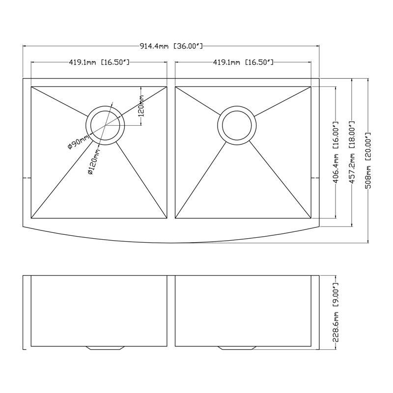 36 Inch Farmhouse Apron Front 50/50 Equal Double Bowl Kitchen Sink 18 Gauge SUS304 Stainless Steel Kitchen Sink