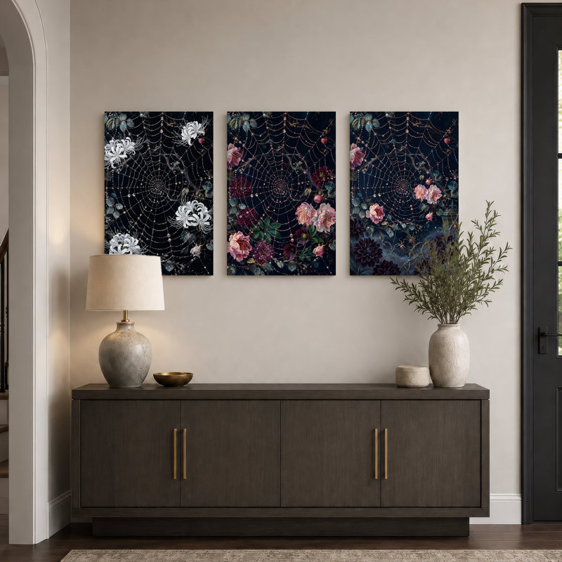 Triptyque de fleurs roses et blanches avec Halloween, ensemble de 3 toiles, H 30 po x l 20 po x 3 pièces