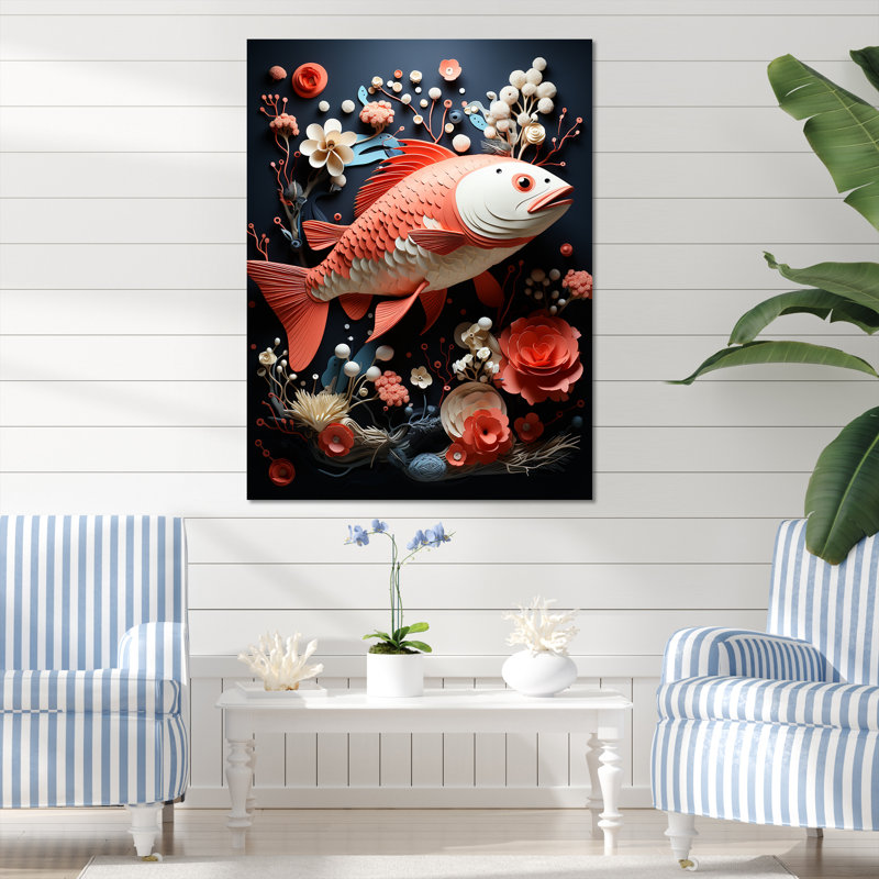 «Red Fish and Small Animal Underwater Coral», reproduction sur toile, Toile tendue, H 20 po x l 12 po x P 1 po