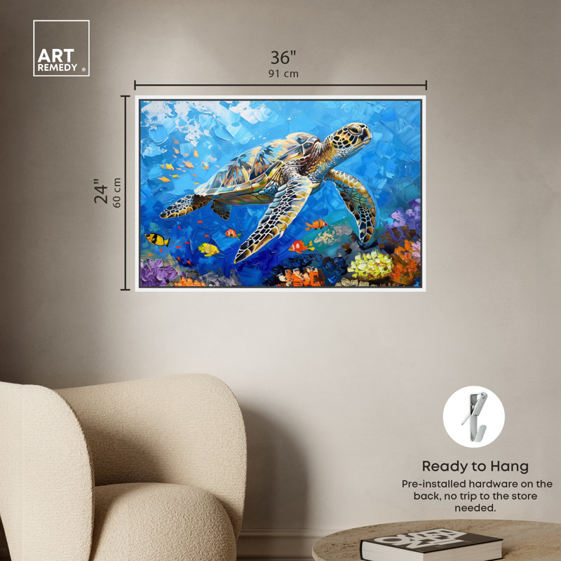 Colorful Coastal Turtle Swimming Canvas Wall Art with White Frame