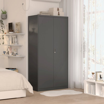 Armoire-penderie en métal avec tringle et serrure, placard-penderie noir, armoire-vestiaire avec tablettes et portes réglables, armoire-penderie pour la maison, le salon et la salle de lavage