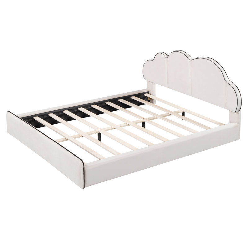 Grand lit plateforme tapissier avec tête de lit en forme de nuage, Beige