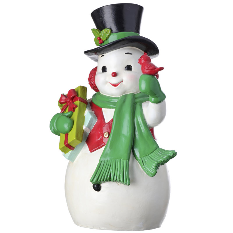 Bonhomme de neige tenant des cadeaux et un cardinal
