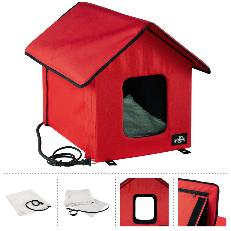 Red Heated Cat House with Sherpa Pad and Zippered Roof