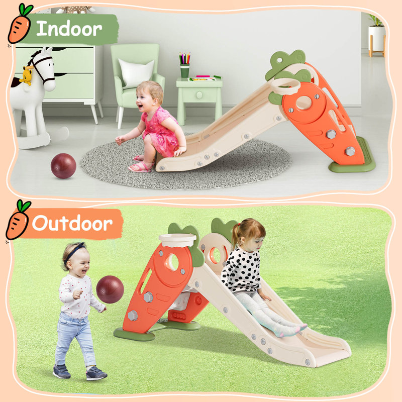Carrot Theme Foldable Toddler Slide with Basketball Hoop