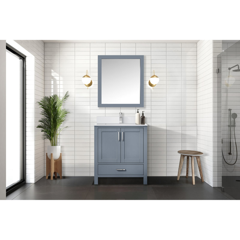 30 po L x P 22 po. Meuble-lavabo gris foncé avec comptoir en quartz blanc, robinet et 28 trous suspendus fixés au mur
