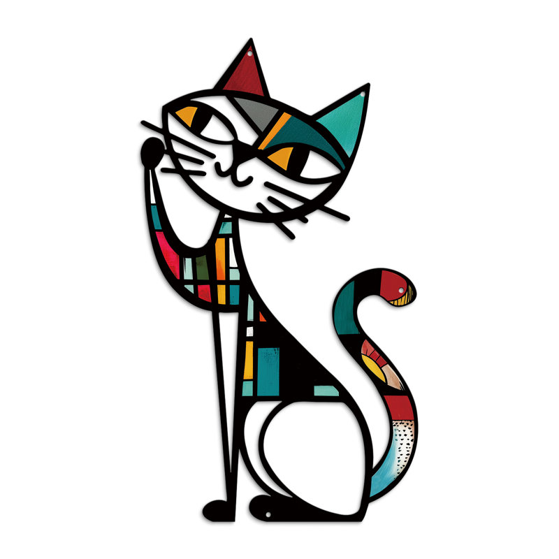 Cat Metal Wall Decor, Iron Wall Hanging for Cat Lovers, Colorful Mid-Century Geometric Retro Wall Sculpture for Living Room Bedroom Kitchen Office, 13.77 x 9.84 in