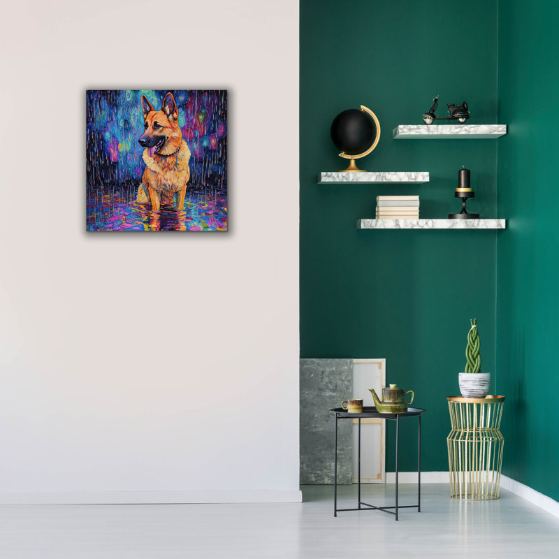  «German Shephard In The Rain» par Rich Monet, art mural sur toile, 26 po x 26 po