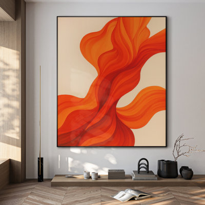 Très grande reproduction d'art sur tissu - Ruban abstrait, éclatant, ton orange vif, motif fluide, œuvre d'art contemporaine pour le salon ou la chambre à coucher - «Assemblage requis du cadre (cadre non fini)»