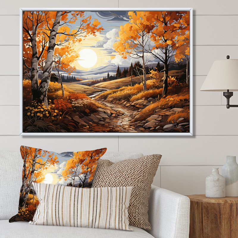 Birch Woods, chemin doré - impression, H 16 po x l 32 po x P 1 po, Cadre flottant blanc