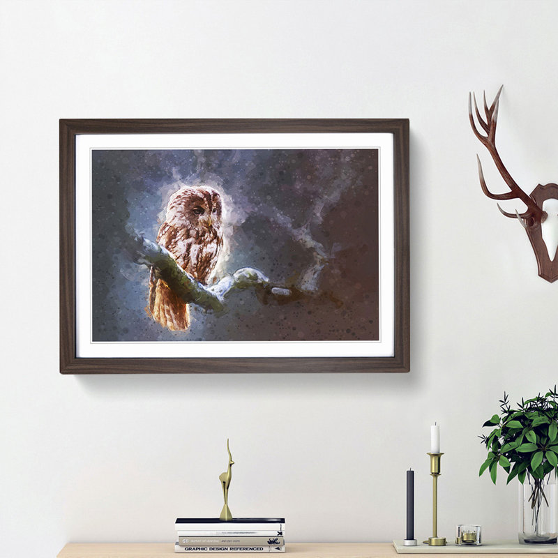 Owl Upon a Tree Branch in Abstract - Picture Frame Graphic Art Print, 48cm H x 65cm W x 2cm D, Walnut Framed
