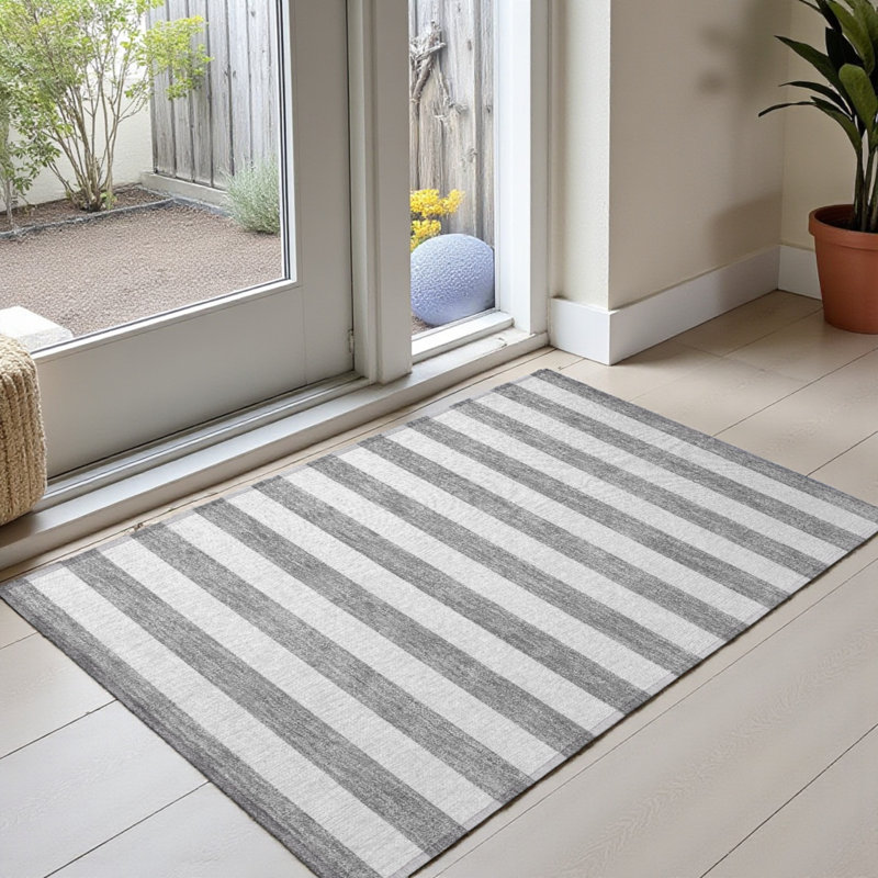 Washable Non-Skid Gray & White Striped Indoor Outdoor Area Rug –Machine-Washable, Durable, Rectangle Design Classic Rugs