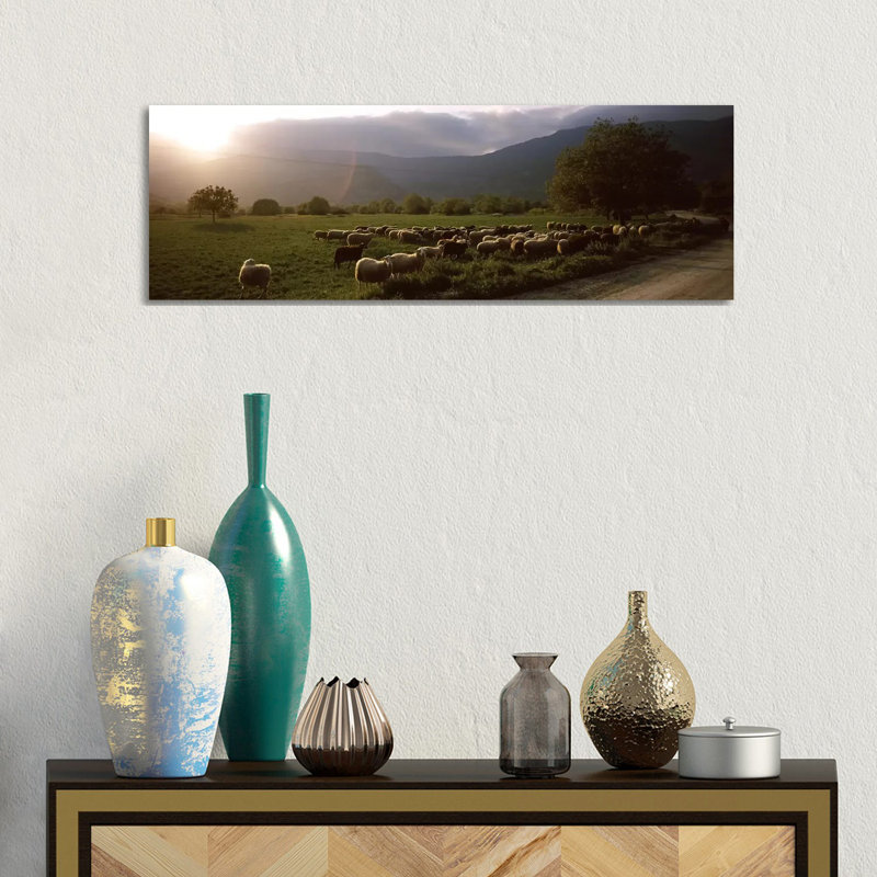 Flock Of Sheep Grazing In A Field - Wrapped Canvas Panoramic Print, 30.48 cm H x 91.44 cm W x 1.91 cm D