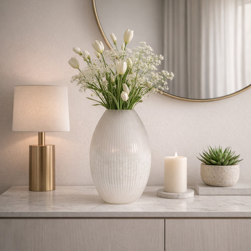 Decorative Ribbed Tall Glass Vase for Table Home Decor - Modern Minimalist Flower Vase for Tabletop, Shelf, or Console Display - 18", White