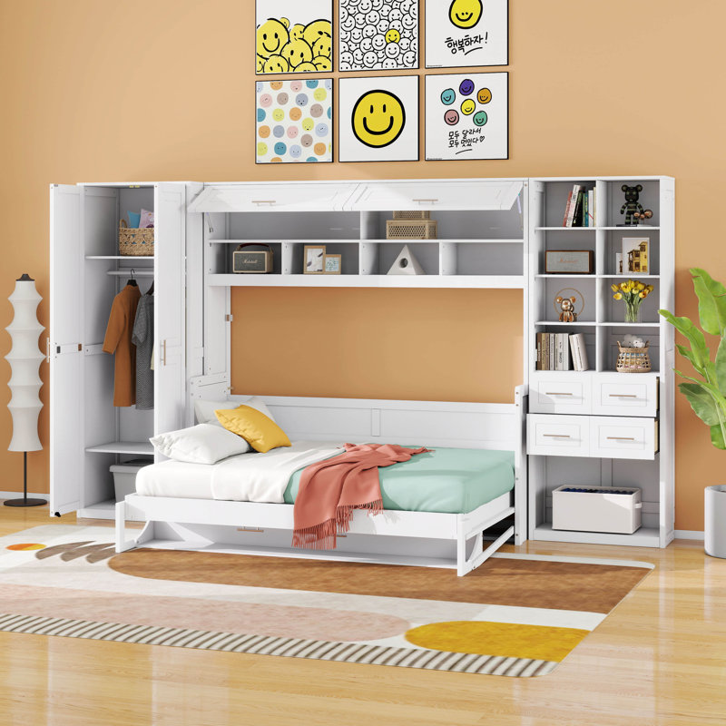 Lit double escamotable avec garde-robe de rangement, tiroir, tablettes ouvertes, armoire murale pliante en bois pour adulte