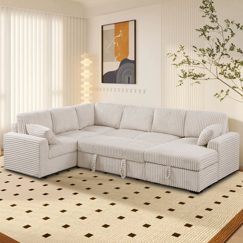 Canapé modulaire de 116,5 po avec lit escamotable et méridienne de rangement, Beige
