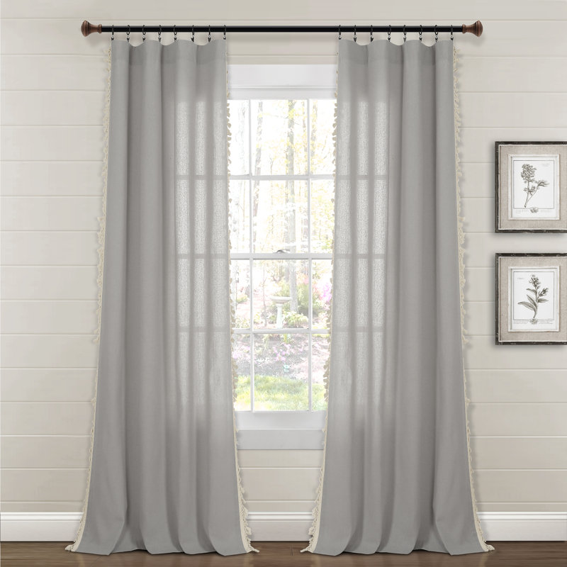 Linen Tassel Cotton Blend Sheer Curtain Single Panel, Light Gray