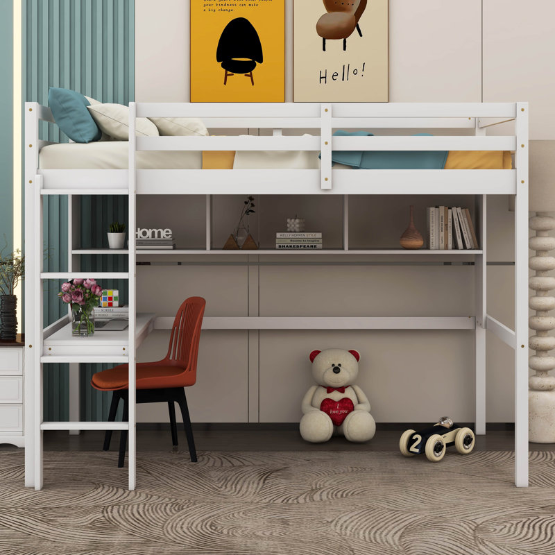 Lit mezzanine simple avec bureau et tablettes, barrière de sécurité et échelle, Blanc