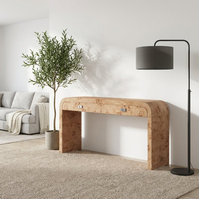 Console en bois avec finition en placage de ronce, deux tiroirs spacieux et poignées en métal, table d'entrée multifonctionnelle avec pieds robustes