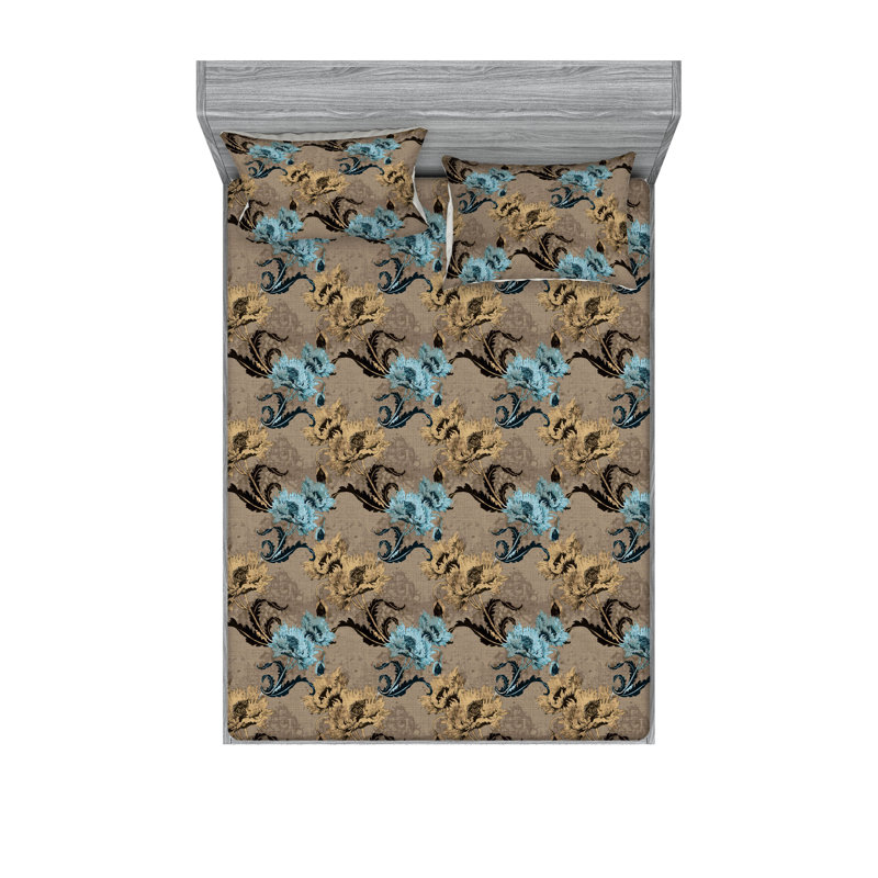 Ambesonne Fitted Sheet & Shams, King Sheet Set with 2 Pillowcases, Soft Blue/Caramel Flower