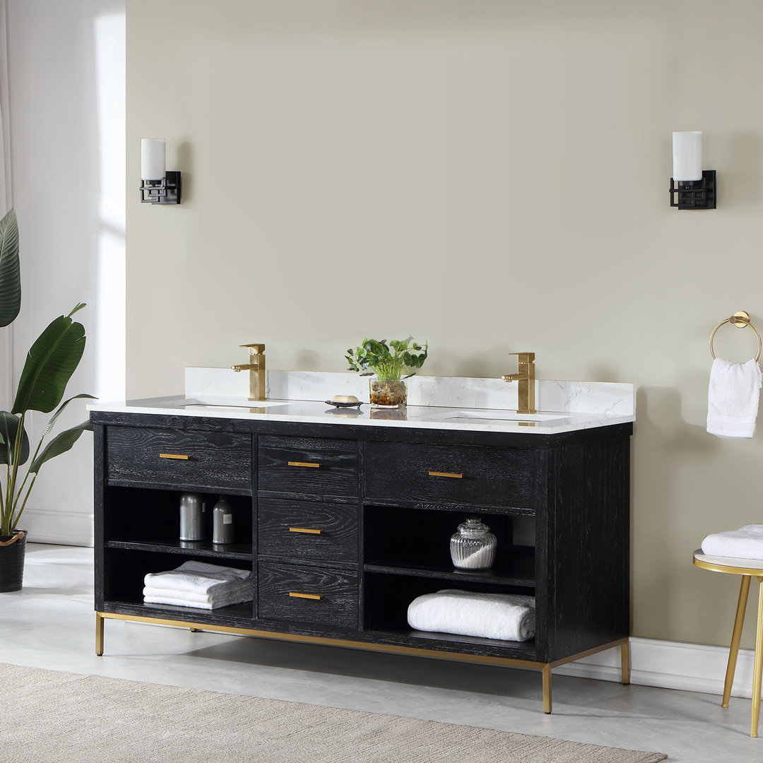 Kesia 72" Double Bathroom Vanity Set With Carrara White Composite Stone Countertop Without Mirror Latitude Run® Base 