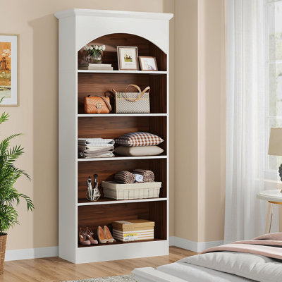 70.86" 5-Tier White & Oak Vintage Library Bookcase For Living Room, Office, Bedroom