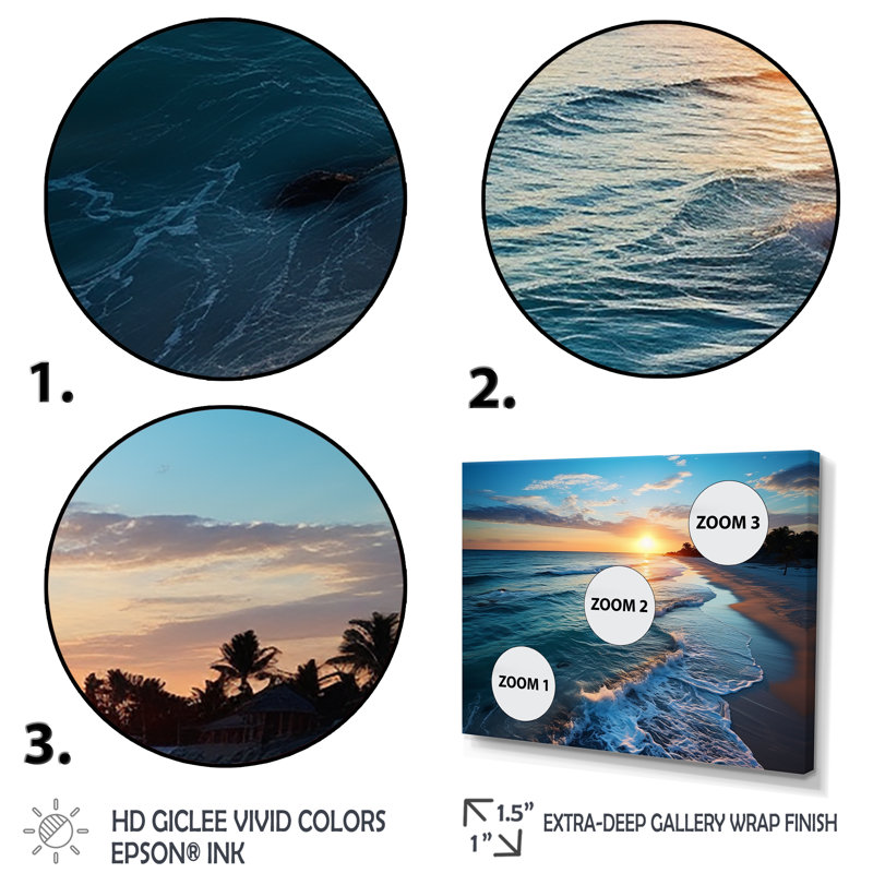 Tranquil Shores Sunset Beach Horizon I - art mural plage, Cadre flottant doré, H 12 po x l 20 po x P 1 po