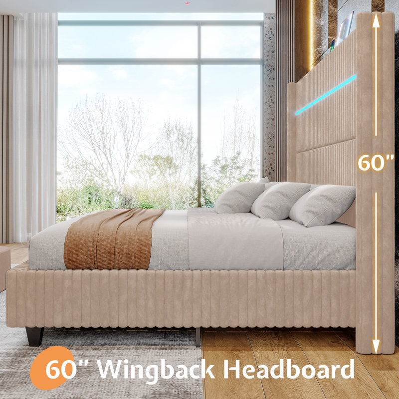 Beige King Corduroy Upholstered Platform Bed with LED Headboard