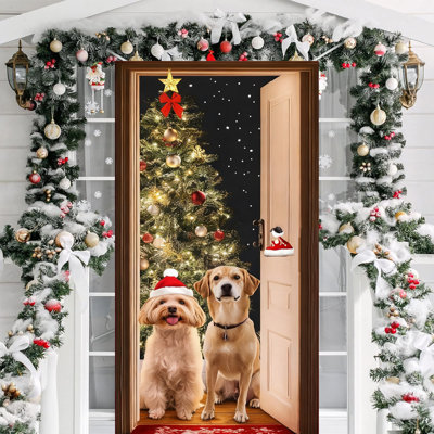 Décorations de porte de Noël pour Noël Couvre-porte de Noël amusant fond mignon de chien du Père Noël convenant aux fêtes de fin d'année décorations d'hiver 70 X 35 pouces