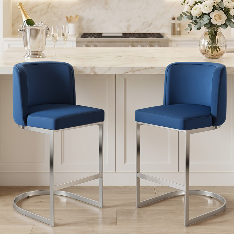 26'' Modern Upholstered Low Back Counter & Bar Stool With Metal Sled Frame , Velvet-Blue, 2