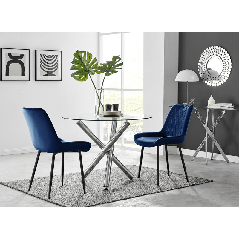 Seline Modern Round Dining Table Set in Glass and Chrome with 2 Luxury Velvet Leather Chairs, Navy/Black