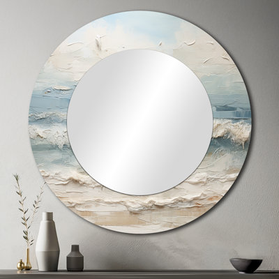 Peinture bord de mer beige et bleue - Miroir d'appoint rond Boho, impression sur métal