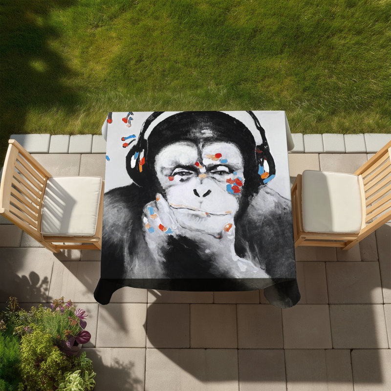 Monkey with Headphones Tablecloth - Black Indoor/Outdoor Decor