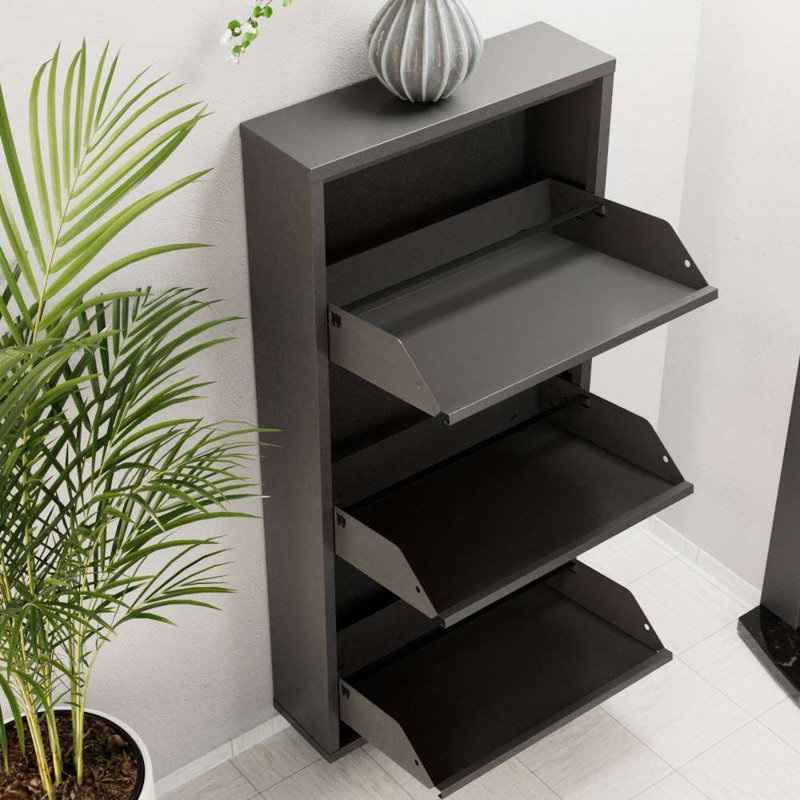 Armoire à chaussures moderne, 100% métal, couleur anthracite, 19,7 x 40,6 x 5,9 pouces | Épaisseur: 0,03 pouce | Portes murales à ouverture centrale avec supports magnétiques | Solution de rangement élégante pour tout vestibule