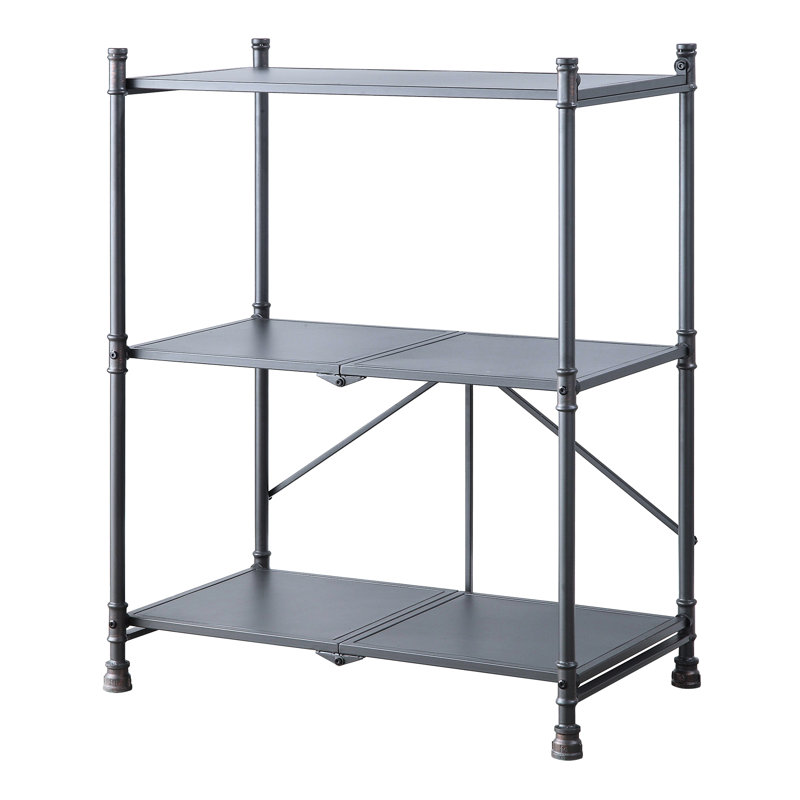 Console pliable en métal et bois synthétique - 3 niveaux, noir sableux / finition bronze foncé, 3 tablettes de style industriel, noir / bronze