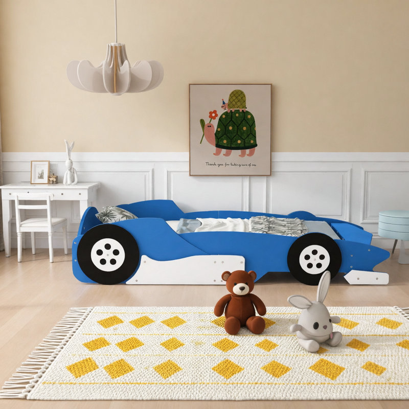 Lit plateforme simple en forme de voiture de course avec roues, bleu, Bleu, Lit simple
