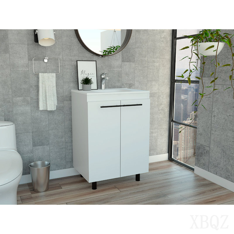 Meuble-lavabo 24 po, armoire de plancher, porte double, deux tablettes - blanc