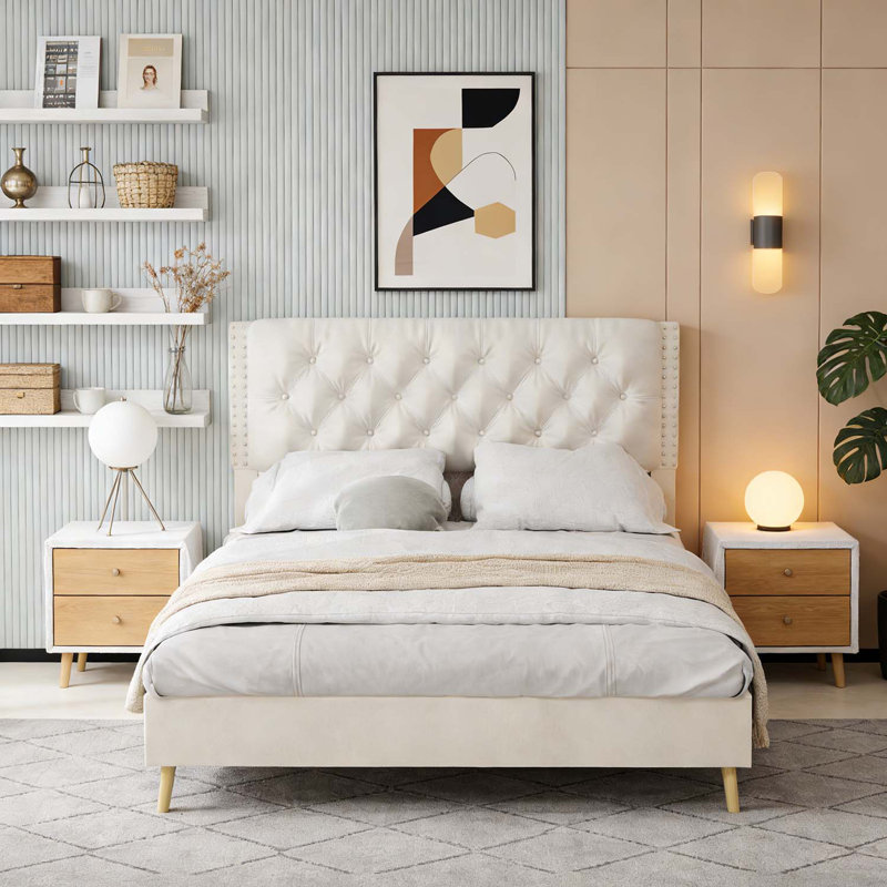 Lit rembourré avec tête de lit capitonnée, structure robuste pour le confort et le style, Beige, Grand lit