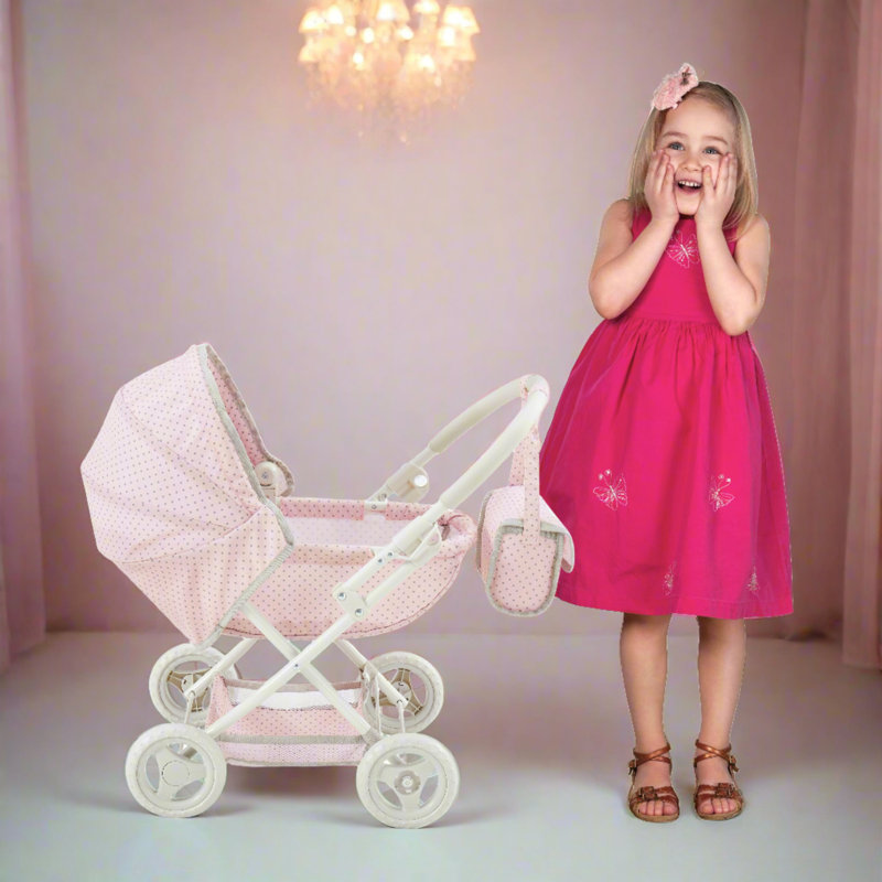 Pink and Gray Polka Dot Baby Doll Pram Stroller with Retractable Canopy