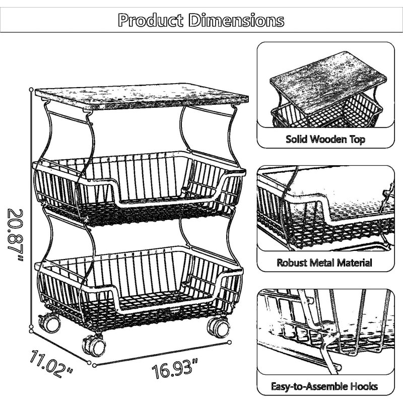 3-Tier Rolling Kitchen Storage Cart With Locking Wheels, Removable Stackable Wire Shelves For Pantry, Vegetable, And Snack Organization