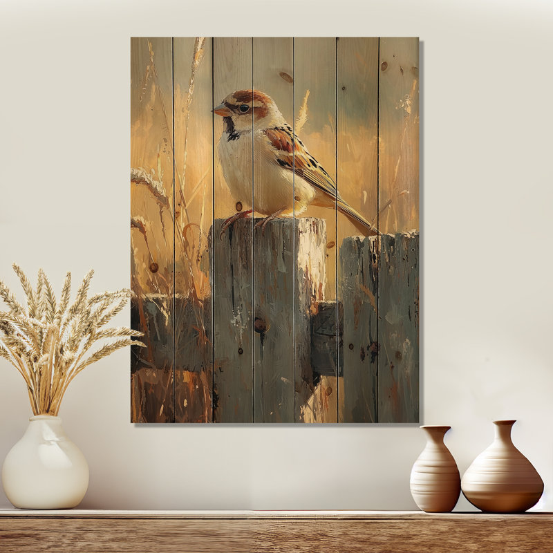 Oiseau moineau à la clôture de la ferme I - Décoration murale en bois d'oiseau - sur bois de pin naturel, H 20 po x l 10 po