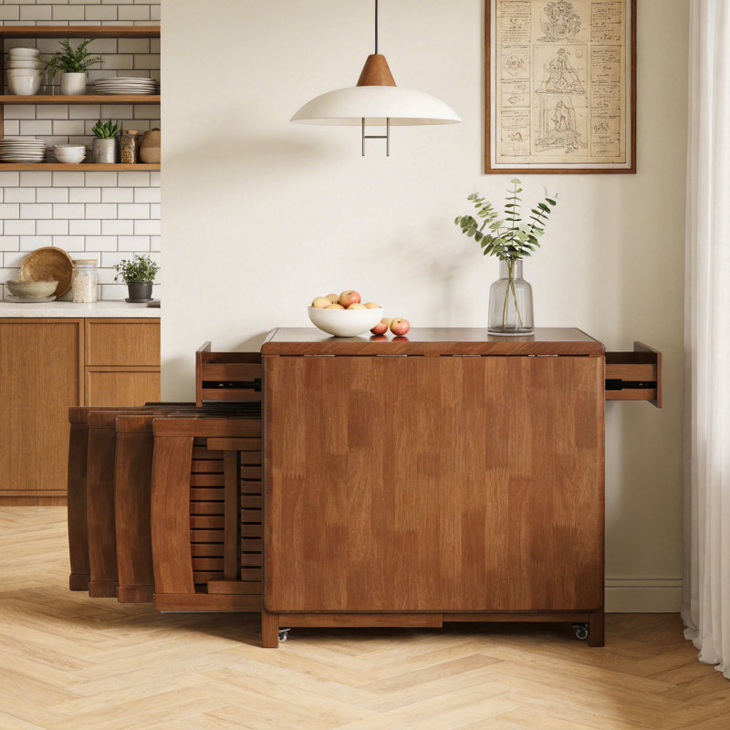 Fully Assembled Solid Wood Folding Dining Table With 4 Chairs, Walnut Finish, 2 Drawers And Casters