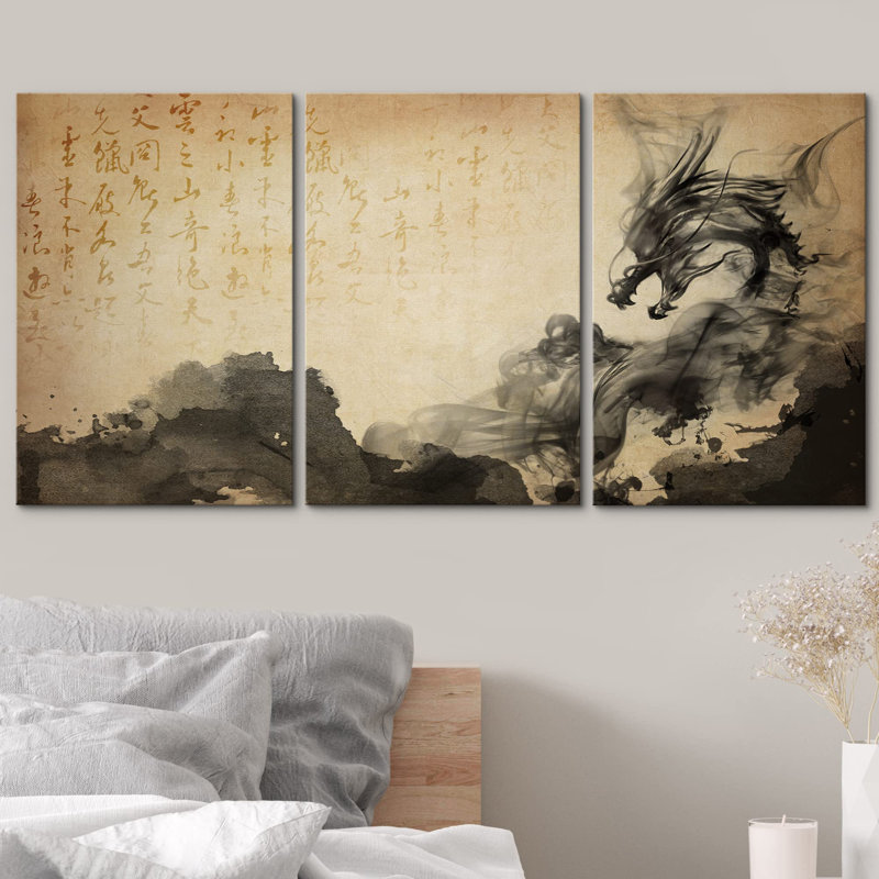 Bicolore sépia fumé dragon avec texte chinois, nature sauvage, illustrations, art moderne, culture, Toile tendue