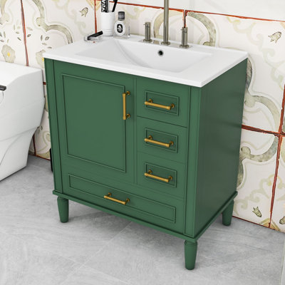 Meuble-lavabo avec trois tiroirs, poignées et portes en métal