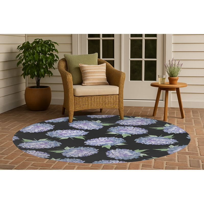 Tapis d'extérieur Hydrangea Love, Gris anthracite, Rond 5 pi